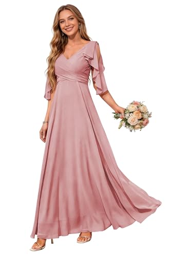 Image of Dusty Rose Bridesmaid Dresses for Women Chiffon Long Pleated A Line Formal Wedding Party Evening Gown US10
