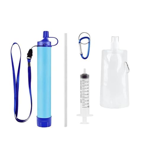 Water Filter Camping, 5-Piece Outdoor Emergency Water Purification Kit, Water Filter Straw for Hiking, Backpacking, Travel, Includes Carabiner, Syringe, Extension Tube, Water Bag