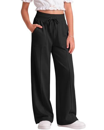 LessonZoo Girls Wide Leg Pants Elastic Waist Drawstring Sweatpants Kids Summer Baggy Casual Loose Soft Pants with Pockets(Black 7-8 Years)