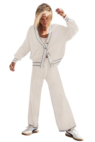 Image of Womens Two Piece Outfits Sweater Sets Open Front Knit Cardigan and Wide Leg Pants Sweatsuit Lounge Sets