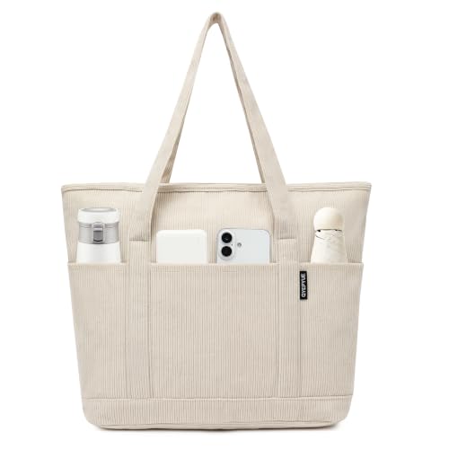 Image of Large Canvas Tote Bag for Women, Beach Bag with Zipper, Utility Tote Bag with 3 Front Pockets, Weekender Pool Bag