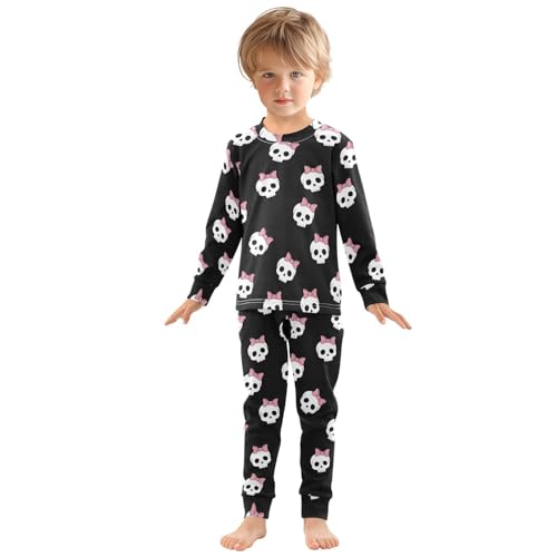 Pajama Sets Long Sleeve Skull Pattern with Pink Bows Soft Comfy Sleepwear 2 Piece PJS 3-8T2