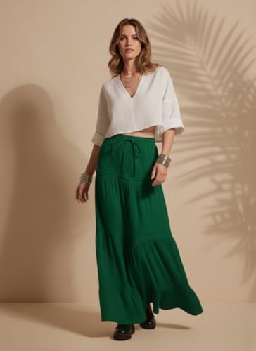 Image of GRECIILOOKS Women's Summer Ruffle Hem PolyBlend Maxi Skirt | High Waist Long Skirt's | Plain A-Line Flowy Skirt for All Occasions | Elegant Boho Style