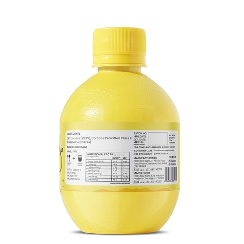 Image of Fruitaco Yellow Lemon Juice Concentrate - Pack of 5 (1250ml) | Equivalent to 125 Lemons | Pocket Bottle | Easy to Use in Cooking, Beverages, Shikanji, Lemonade & More