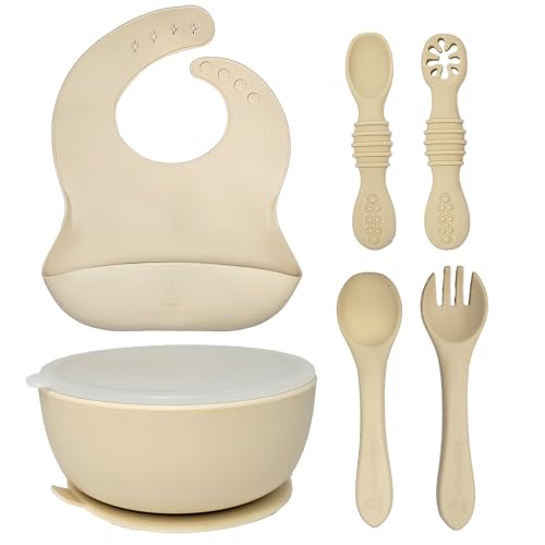 Image of HippoBaby 6 Piece Baby Bowls With Suction and Lids | Toddler Bowl Set with 1 Bowl, 1 Bib, 2 Baby Spoons, 1 Large Spoon, 1 Large Fork, Baby Feeding Essentials (1, Cream)
