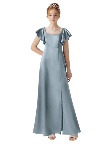 Junior Girls Bridesmaid Dress for Wedding Satin Short Sleeve Flower Girl Dresses for Teen with Slit JR002