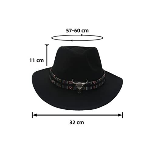 Image of Women Men Faux Felt Western Cowboy Hat with Ox Head Belt Buckle Mexican Cowgirl Wool Hat Newsboy Top Cap Wide Brim Fedora