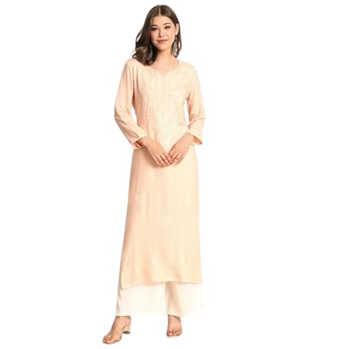Image of VAIRAGEE Women's Embroidered Lukhnavi Chikankari Work Straight Rayon Ethnic Kurta | Casual Office Kurta for Women