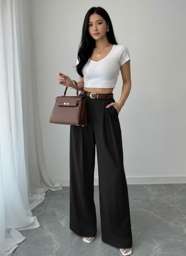 Image of SMOWKLY Women's Korean Style Loose Fit Wide Leg Trousers | Cotton Blend Pleated Palazzo Pants with Elastic Back Waist | High Waist Office & Casual Wear | Stretchable & Breathable