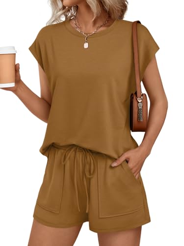 Image of AUTOMET Womens Crew Neck Two Piece Short Sets Cap Sleeve Drawstring Summer Sweatsuit with Pocket