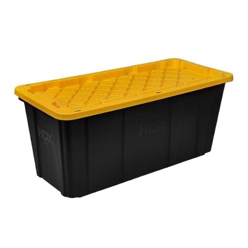 57 Gallon Tough Storage Tote with Snap-On Lid, Black with Yellow Lid, Stackable