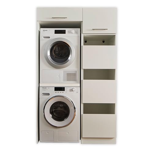 LAUNDREEZY Waschmaschinenschrank für Trockner und Waschmaschine, Wäscheschrank und Schrankaufsatz, Weiß - Praktischer Waschmaschinen-Überbauschrank - 117,5 x 200 x 67,5 cm (B/H/T)