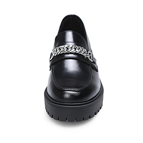 Yetier Platform Womens Loafer Leather Slip-Ons Round Toe Chunky Loafer Shoes Penny Casual Fashion Shoes With Chain Black #TOP1