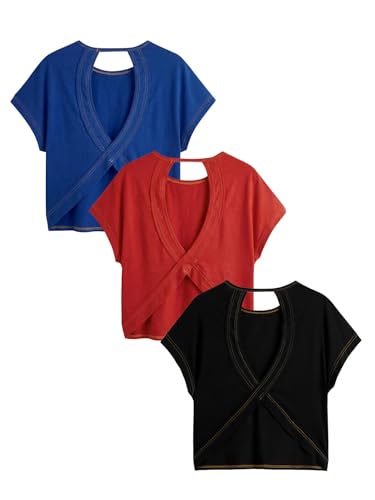 Image of RoseSeek Women's 3 Packs Open Back Tops T Shirt Criss Cross Cut Out Tee Short Sleeve Crewneck Summer Backless Tops