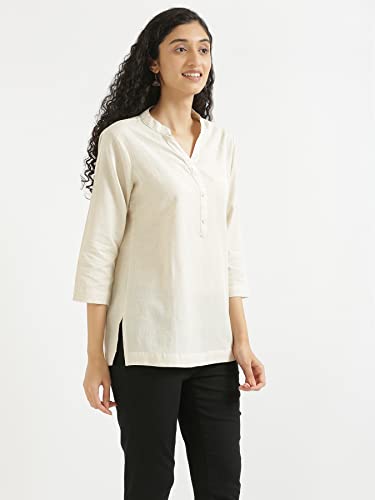 Image of SAADAA Women Short Kurti Airy Linen Regular Fit Kurta with 3 /4th Sleeves, Mandarin Collar, Side Slit Perfect for Casual, Formal, and Ethnic Wear