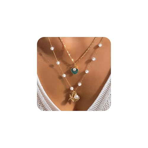 Seashell Necklace Summer Gifts for Women Layered Starfish Necklace Pearl Shell Leaves Beach Charm Necklaces Holiday Birthday Gifts Jewelry Trendy Stuff