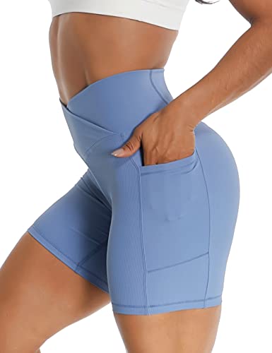 STARBILD Shorts de Sport avec Poches Latérales pour Femme, Legging Court Taille Haute, Yoga Pantalon Ceinture V, Caleçon Court Moulant Slim Fitness Gym Jogging, H6590-bleu M Cover