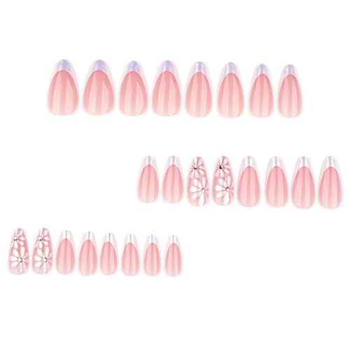 Image of White French Tip Press on Nails Flower Fake Nails Medium Almond Nail Press ons with Glitter Design Reusable Glossy Full Cover Stick on Nail for Women Manicure 24Pcs