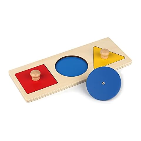 Montessori Multiple Shape Puzzle First Shapes Jumbo Knob Wooden Puzzle Geometric Shape Puzzle Toddler Preschool Learning Material Sensorial Toy for Toddler Shape & Color Sorter (3 Pieces) Cover