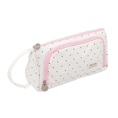 Image of Zollyss Polyester Big Capacity Pencil Case High Large Storage Pouch Marker Pen Case Simple Stationery Bag School College Office Organizer for Teens Girls & Boys (White with Black dots)
