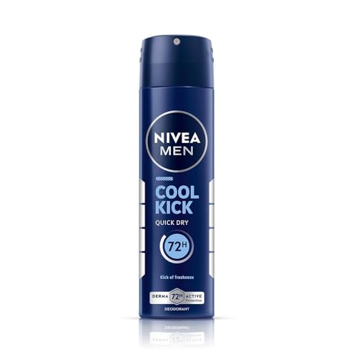 NIVEA Men Cool Kick Spray (150ml), Powerful Anti-Perspirant Deodorant for Men with Derma 72H Active Protection, Cooling Deodorant Spray for Underarms