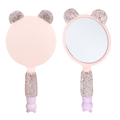 Espejo de Mano Rhinestone con Diseño Gato Rosa