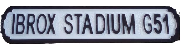 "IBROX STADIUM G51" retro football sign with a crackle finish. Makes a great gift for a RANGERS fan! Size 47 x 11 cm.