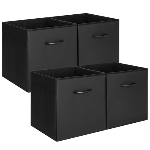 StorageWorks Black Storage Cubes, 13-inch Leather Bins with Handle, Cube Organizer Baskets for Shelves and Closet, Collapsible Storage Bins, 4-Pack