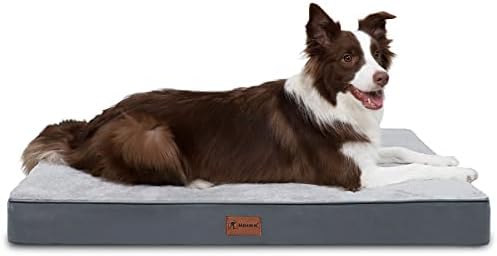 MIHIKK Orthopedic Dog Bed for Large Dogs, Large Dog Crate Bed with Egg Foam & Soft Short Plush Waterproof Pet Bed with Washable Removable Cover (Large Dog Bed 35 x 22 x 3 inch Grey)