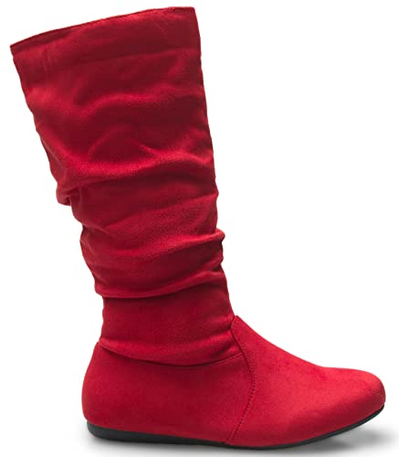 OLIVIA K Womens Low Heel Mid-Calf Slouchy Suede Slip On Casual Boots with Side Zipper ( Red Suede. 7.5)