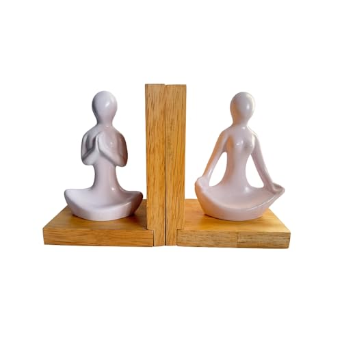 Image of eCraftIndia Wooden Book End and Yoga Lady Statues Decorative Showpiece for Home Decor in Living Room Office