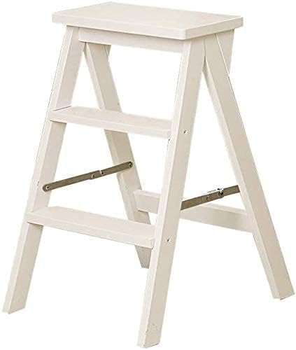 OKUOKA Step Stool 3-Step Foldable Solid Wood Ladder Stool Dual-use Creative Stairs Ladder Chair Household Multifunctional Indoor Moveable Step Ladders,42x48x64cm Step Stool (Color : White