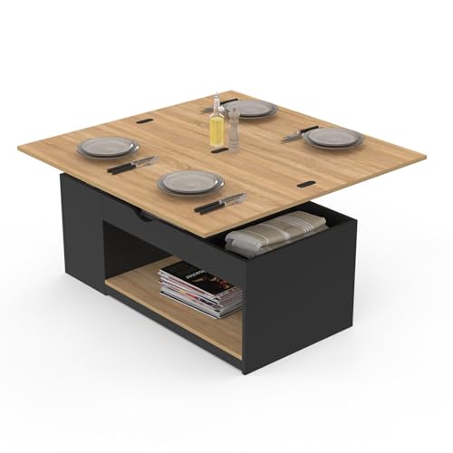 IDMarket - Table Basse Plateau relevable rectangulaire Convertible en Table à Manger ELEA 100 cm Bois Noir et façon hêtre