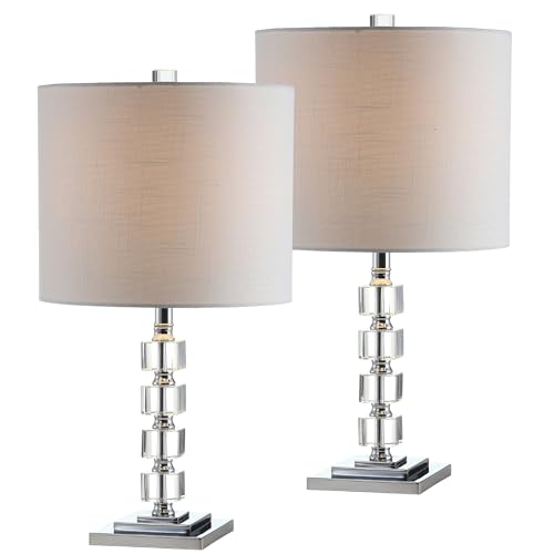 JONATHAN Y 22" Clear Crystal and Chrome Stacked Cube Table Lamp Set of 2, Glam Contemporary Nightstand Lamps with White Linen Drum Shade, LED Bulbs Included JYL5040A-SET2