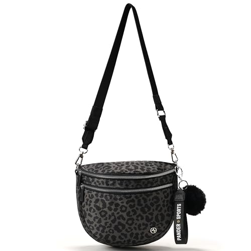 Pander Crossbody Bag for Women Everyday Nylon Shoulder Bag with Pompom Keychain Wristlet Bag Charm Adjustable Strap Multi-Pocket Organizer for Daily and Travel Use Grey Leopard