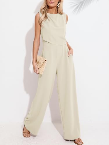 CUPSHE Damen Jumpsuit Rundhals Ärmellos Overall Plissee Weite Beine Playsuit mit Taschen Elegant Hosenanzug