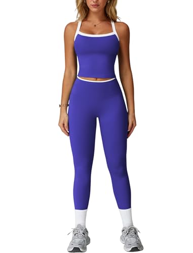 Womens Workout Sets Two Piece Seamless Cross Back Tank Top Matching Tummy Control High Waist Leggings Set 2 Piece For Women Gym Yoga Active Wear Outfits Athletic Work Out Clothe Colorblock Navy Blue S