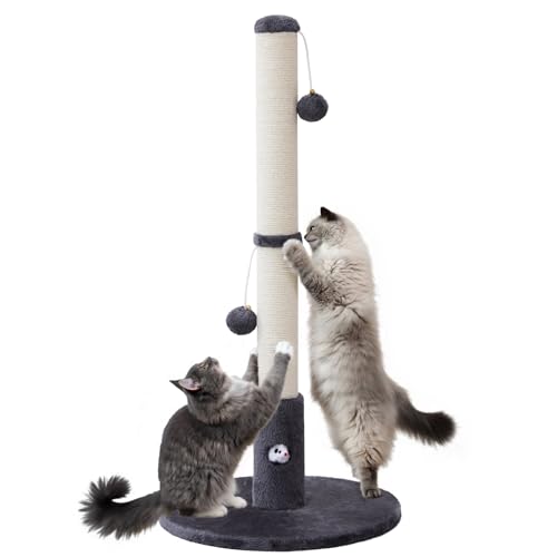 Woochpet 33'' Tall Cat Scratching Post for Adults Cats, Sturdy Large Scratch Pole with Hanging Ball with Fun Mouse Hole, Scratching Posts for Indoor with Durable Natural Sisal Rope (Darkgrey)