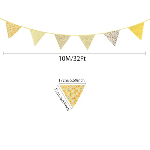 Image of Zwiebeco 32Ft Yellow Fabric Floral Pennant Banner Bunting Cotton Flowers Triangle Flags Party Decorations for Birthday Wedding Engagement Bridal Baby Shower Rustic Village Sweet Home Garden Decor