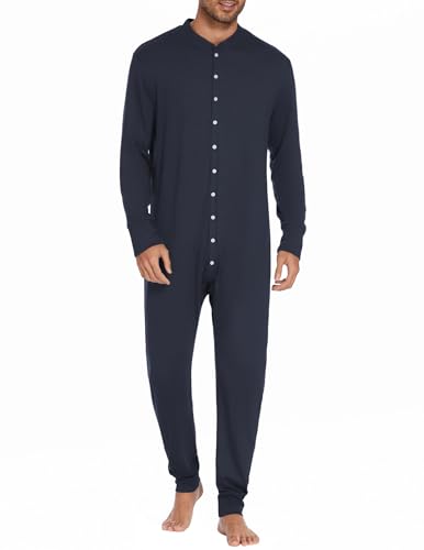 Ekouaer Mens One Piece Pajama Thermal Full Button Union Suit Long Sleeve Onesie with Button Flap Navy Blue M