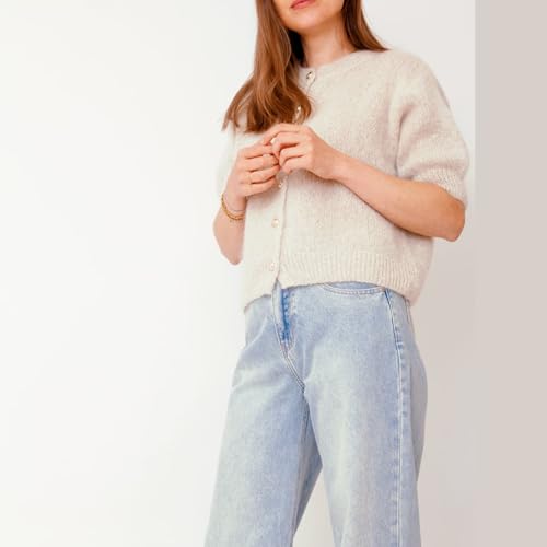 Image of Womens Button Up Short Sleeve Cardigans Sweater Cropped Lightweight Round Neck Elegant Knit Tops with Pockets