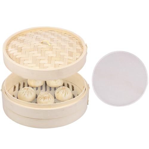 Cuiseur vapeur en bambou - 25 cm - Traditionnel - Avec chiffons en coton - Pour riz, dim, sum, légumes, poissons, viandes, etc. (1 histoire)