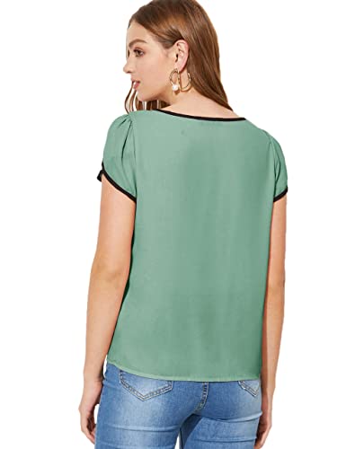 Milumia Women's Chiffon Round Neck Pleated Cap Sleeve Keyhole Blouse Top color: M-Green-2, size: XL