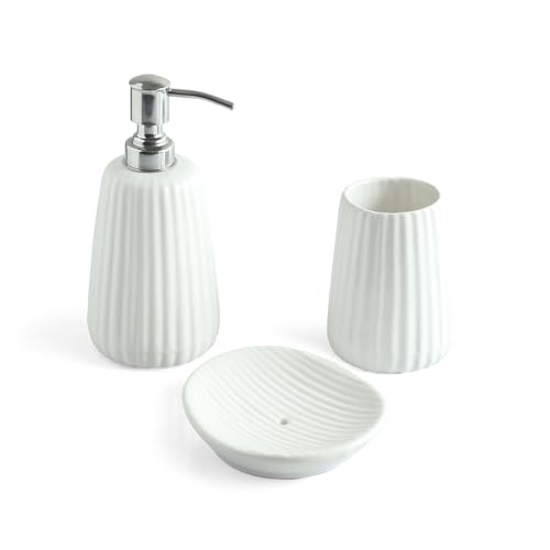 Image of ExclusiveLane 'Classic Calm' Ceramic Soap Dispenser Set for Bathroom Wash Basin Bathroom Accessories Set of 3 (Liquid Soap Dispenser, Toothbrush Holder, Soap Tray Holder, Hand-Embossed)