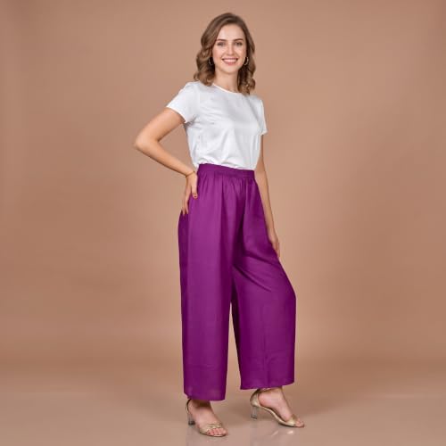 Image of FASHION GALLERY Women's Solid Rayon Palazzo Pants | Relaxed Fit Full Length Wide Leg Palazzo | Elastic Waist Comfortable Casual Lounge Office Ethnic Flared Trousers for Women