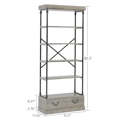 GarveeHome 81.3" Bookshelf with Storage Drawer, Tall Bookcase w/Metal Frame, 5 Tier Vintage Bookshelf Industry Display Storage Shelf for Office Living Room Library Bedroom