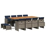 Kaorsrow 13 Piece Garden Dining Set with Acacia Wood Table, 8 Grey Poly Rattan Chairs and 4 Stools, Space Saving Outdoor Furniture Set with Navy Blue Cushions for Patio