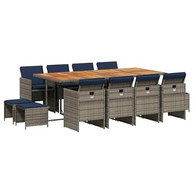 Kaorsrow 13 Piece Garden Dining Set with Acacia Wood Table, 8 Grey Poly Rattan Chairs and 4 Stools, Space Saving Outdoor Furniture Set with Navy Blue Cushions for Patio