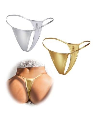 comeondear Tangas Sexy Mujer Cuero PU 2 Piezas Mini String Tanga Hilo de Cintura Baja Bikini Bragas Brasileñas Talla Grande Braguitas Elástica Slip Ropa Interior Underwear 2-Plateado+Dorado,M