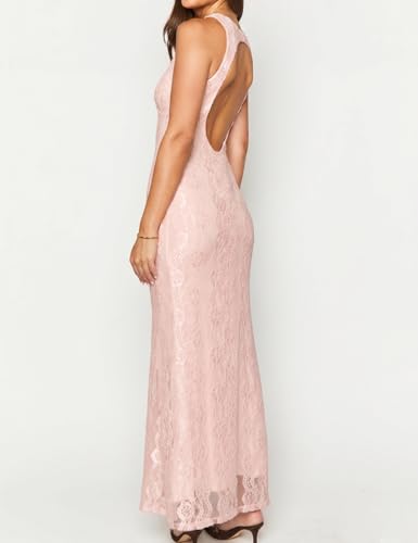 Image of Elegant Lace Floral V Neck Backless Bodycon Dresses for Women Sexy Cut Out Low Back Sleeveless Maxi Dress Wedding Guest